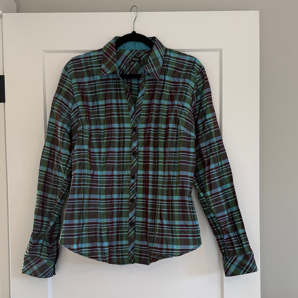 Beluva San Francisco Iconic Metalic Pleated Crinkle Plaid Button-Up Blouse
